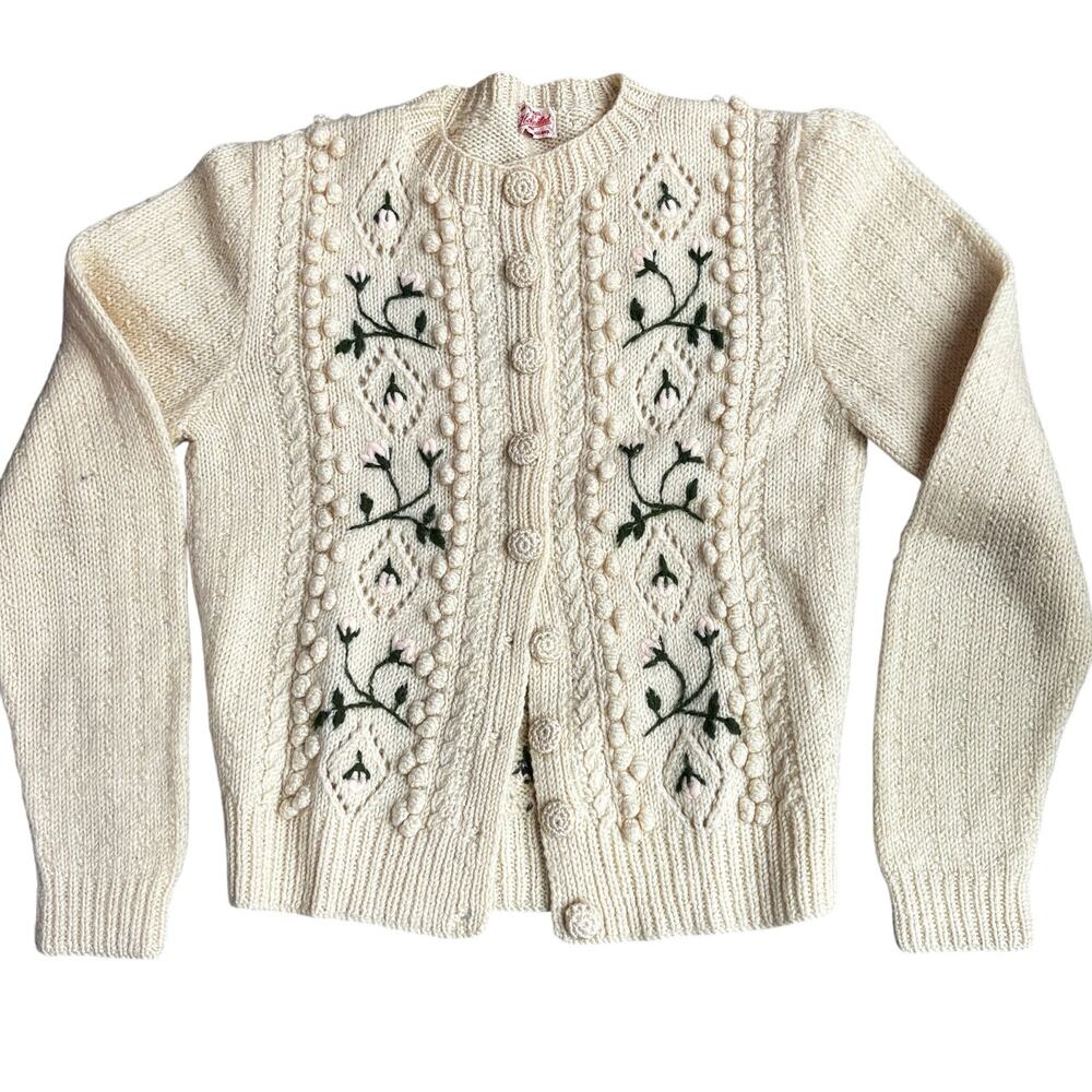 Cream Knit Cardigan with floral Embroidery